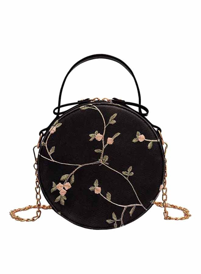 Generic - Round Shape Embroidery Zipper Closure Bag Black/Pink/Green - Image 1