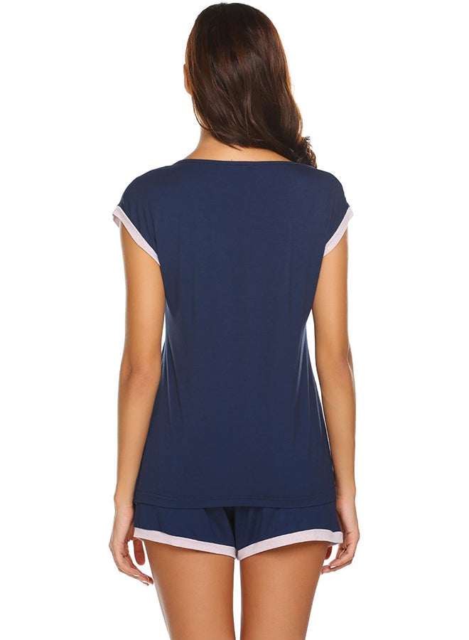 Solid Pattern V-Neck T-Shirt And Shorts Set Navy Blue/White - Image 2