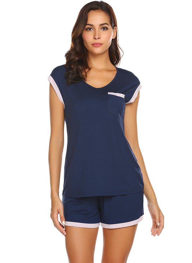 Solid Pattern V-Neck T-Shirt And Shorts Set Navy Blue/White - Image 1