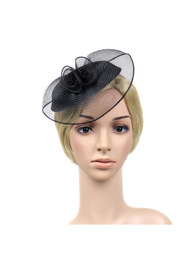 Floral Patterned Bridal Yarn Feather Hat Black - Image 2