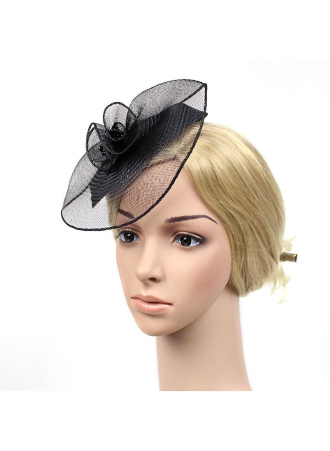 Floral Patterned Bridal Yarn Feather Hat Black - Image 3