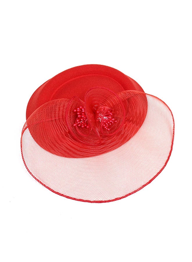 Floral Patterned Bridal Yarn Feather Hat Red - Image 1