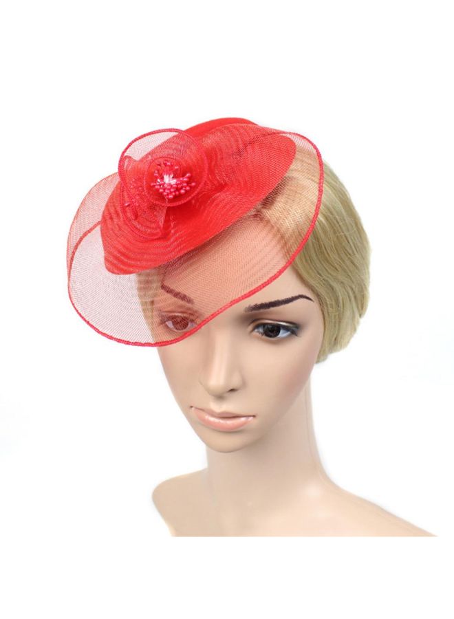 Floral Patterned Bridal Yarn Feather Hat Red - Image 3