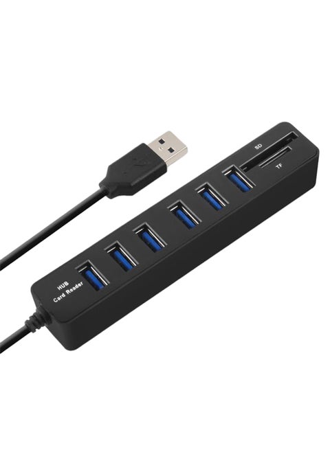 6-Port High Speed USB Hub With Card Reader Black