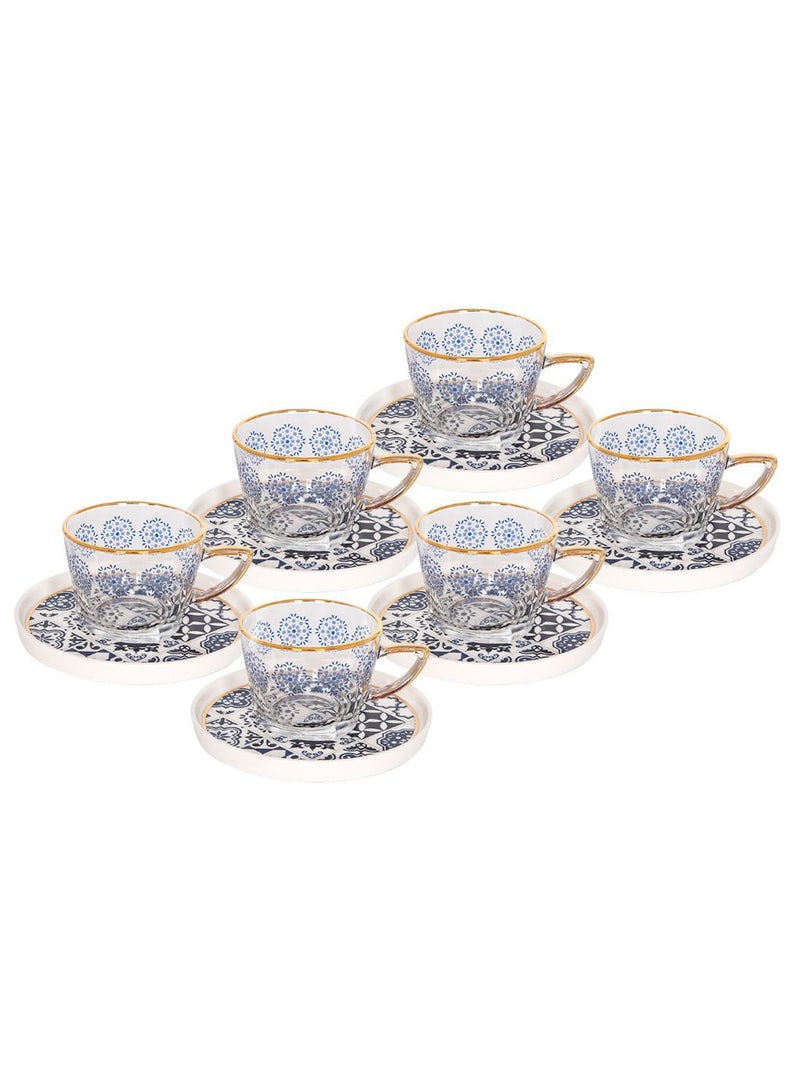 Dallaty 12-Piece Tea Cup And Saucer Set Clear/Blue/White 8.2x5.8x4.3centimeter