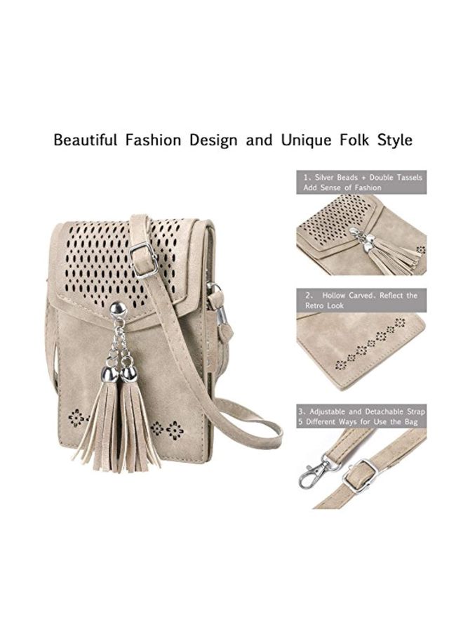 seOSTO - Tassel Cell Phone Holder Crossbody Bag Beige - Image 1