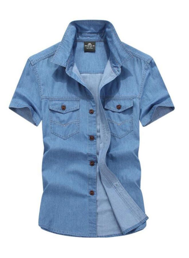 Hombre Short Sleeve Cotton Shirt With Pocket Light Blue - Image 1