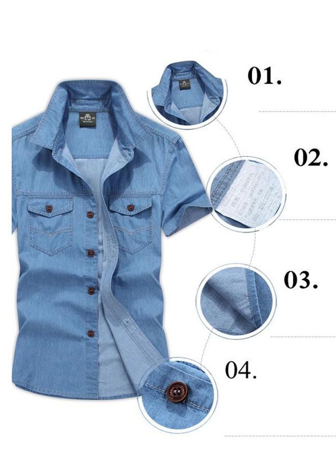Hombre Short Sleeve Cotton Shirt With Pocket Light Blue - Image 3