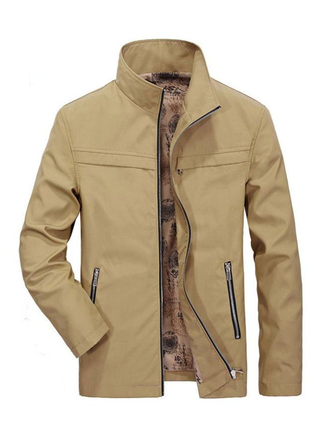 Solid Patterned Polyester Jacket With Multi-Pocket Beige - Image 1