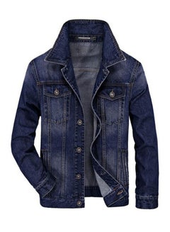 Solid Patterned Long Sleeve Denim Jacket With Multi-Pocket Blue