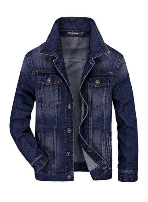 Solid Patterned Long Sleeve Denim Jacket With Multi-Pocket Blue