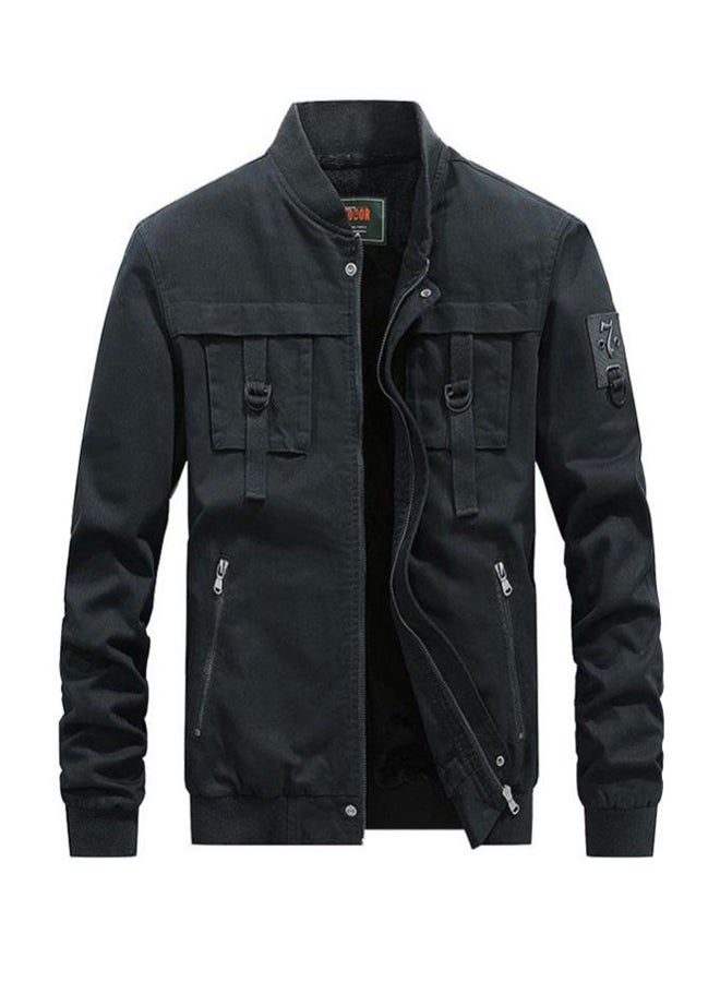 Solid Patterned Long Sleeve Cotton Jacket With Multi-Pocket Black - Image 1