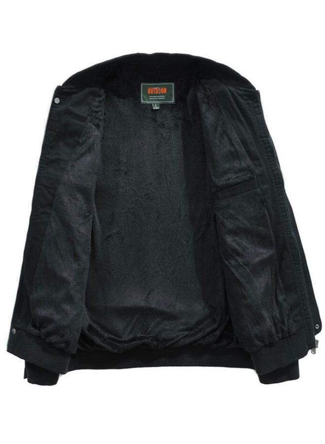 Solid Patterned Long Sleeve Cotton Jacket With Multi-Pocket Black - Image 3