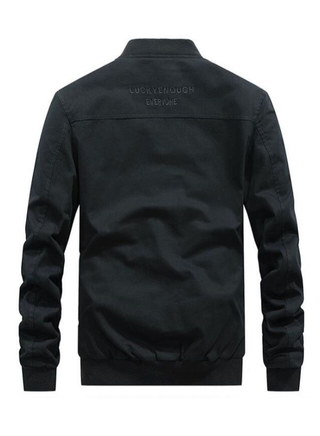 Solid Patterned Long Sleeve Cotton Jacket With Multi-Pocket Black - Image 2