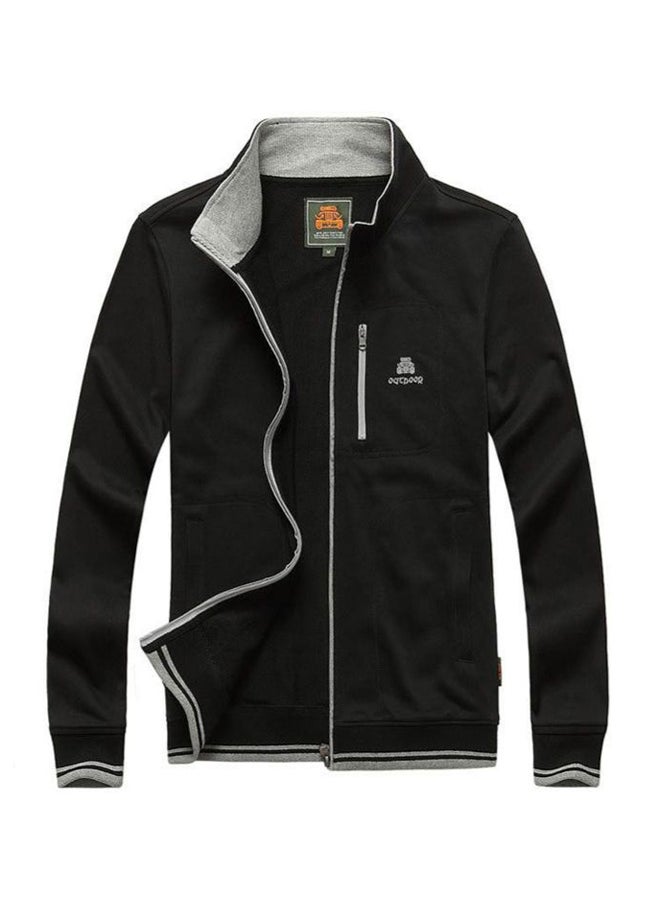 Solid Patterned Long Sleeve Cotton Sports Jacket With Multi-Pocket Black/Grey - Image 1