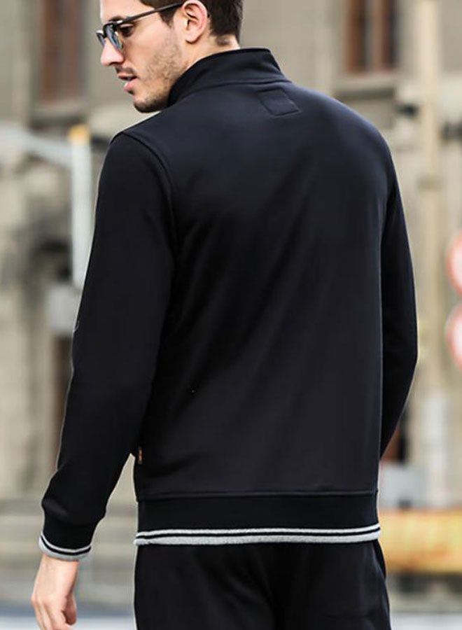 Solid Patterned Long Sleeve Cotton Sports Jacket With Multi-Pocket Black/Grey - Image 3