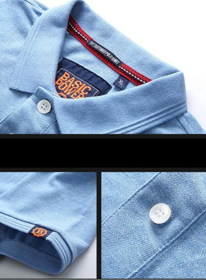Casual Solid Patterned Short Sleeve Cotton Polo Shirt Blue - Image 3