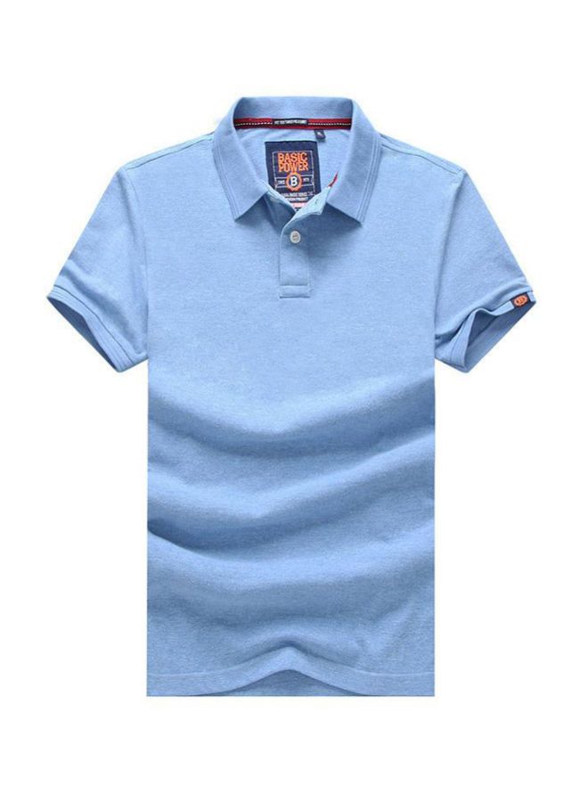 Casual Solid Patterned Short Sleeve Cotton Polo Shirt Blue - Image 1