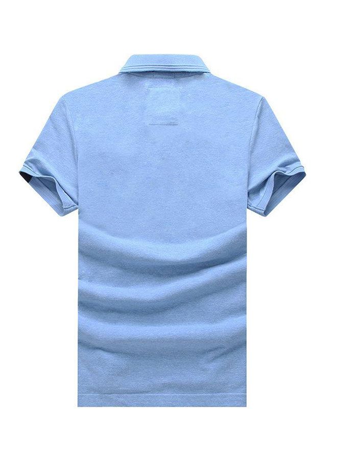 Casual Solid Patterned Short Sleeve Cotton Polo Shirt Blue - Image 2