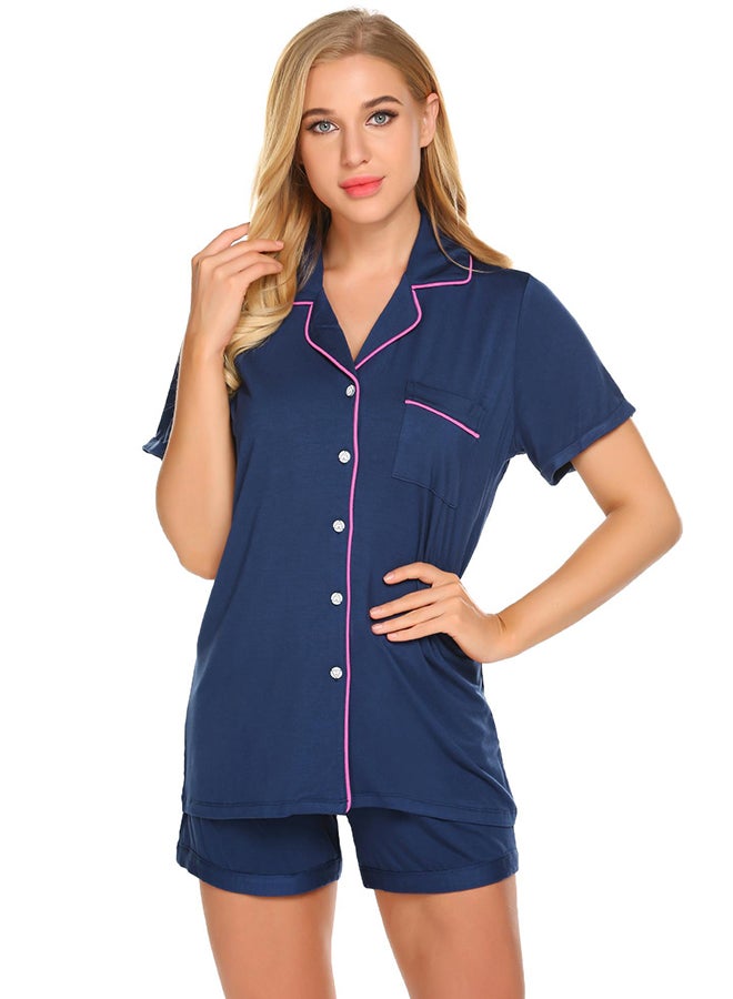 Front Pocket Detail Shirt And Shorts Nightwear Set Navy/Pink - Image 1