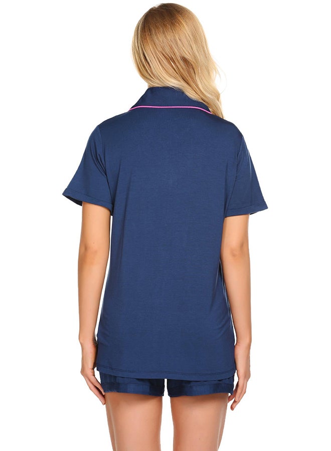 Front Pocket Detail Shirt And Shorts Nightwear Set Navy/Pink - Image 2