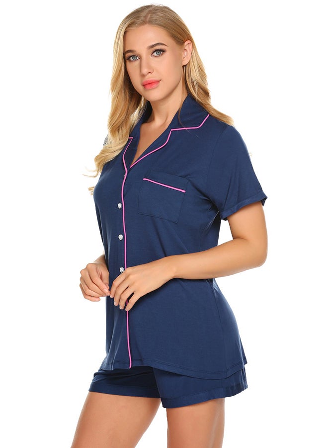 Front Pocket Detail Shirt And Shorts Nightwear Set Navy/Pink - Image 3
