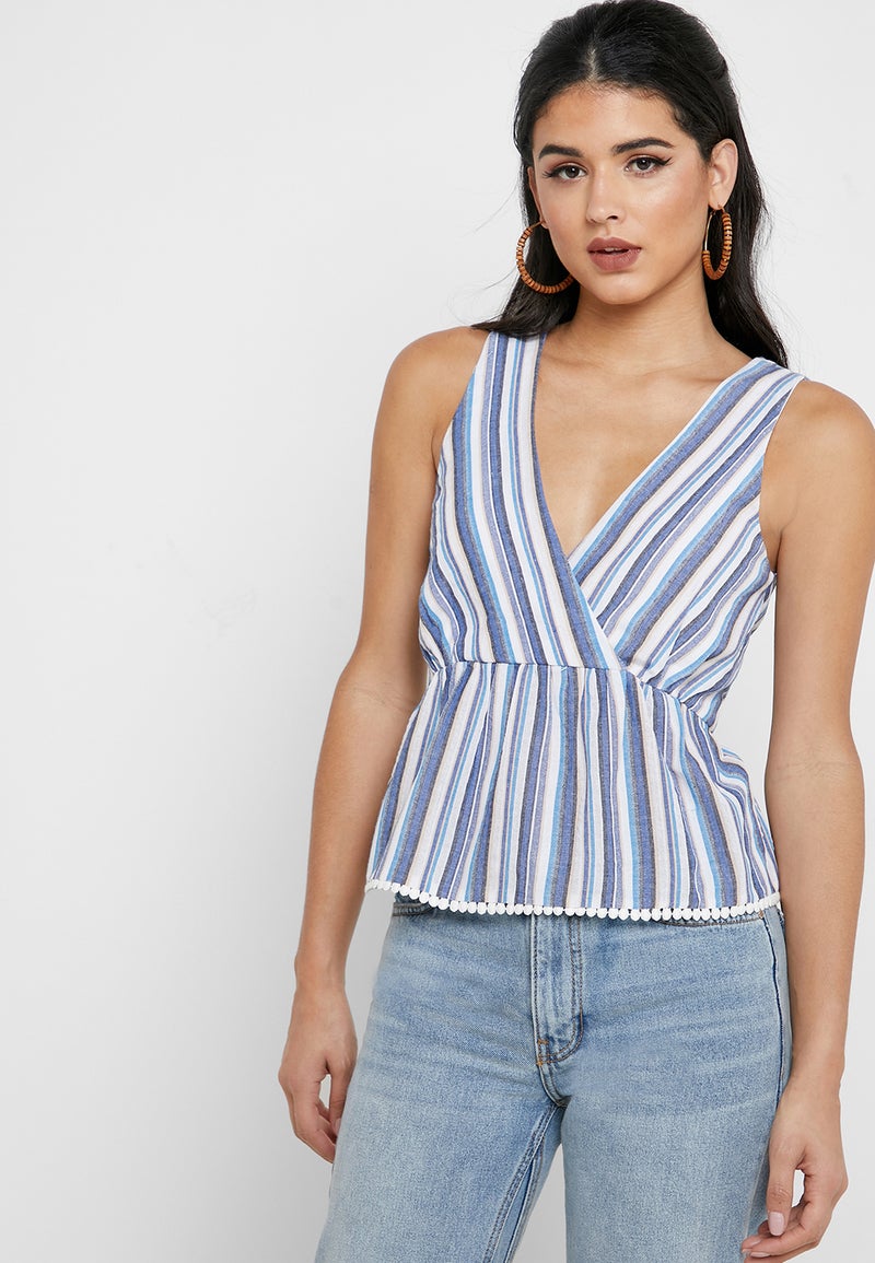 Striped Wrap Front Top Blue