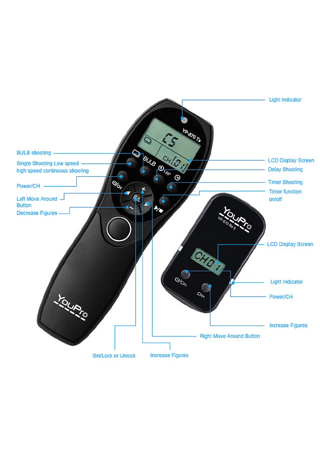 YouPro - YP-870 S2 2.4G Wireless Remote Control LCD Timer Shutter Release Transmitter Receiver 32 Channels For Sony DSLR Cameras Black - Image 1
