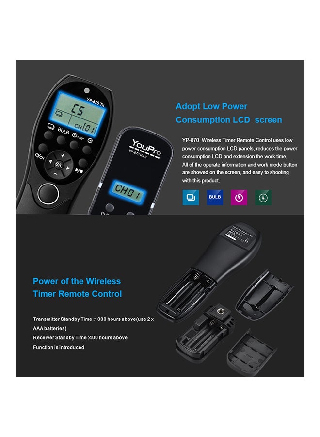 YouPro - YP-870 S2 2.4G Wireless Remote Control LCD Timer Shutter Release Transmitter Receiver 32 Channels For Sony DSLR Cameras Black - Image 1