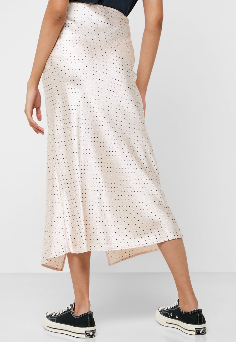 Front Split Dot Print Button Down Skirt Beige
