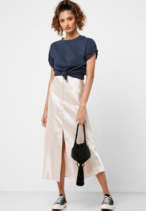 Front Split Dot Print Button Down Skirt Beige