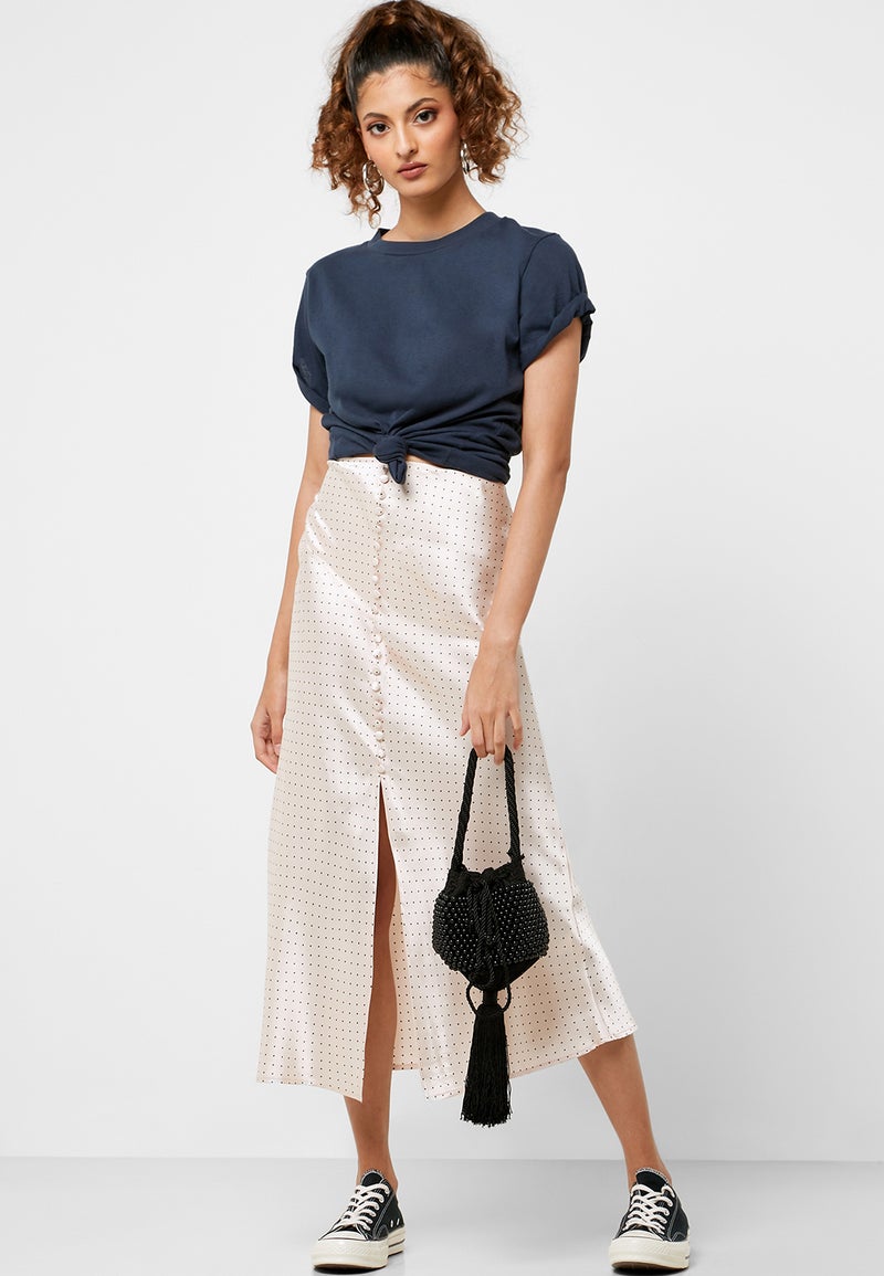 Front Split Dot Print Button Down Skirt Beige
