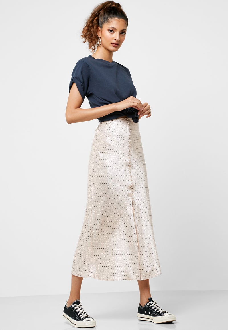 Front Split Dot Print Button Down Skirt Beige