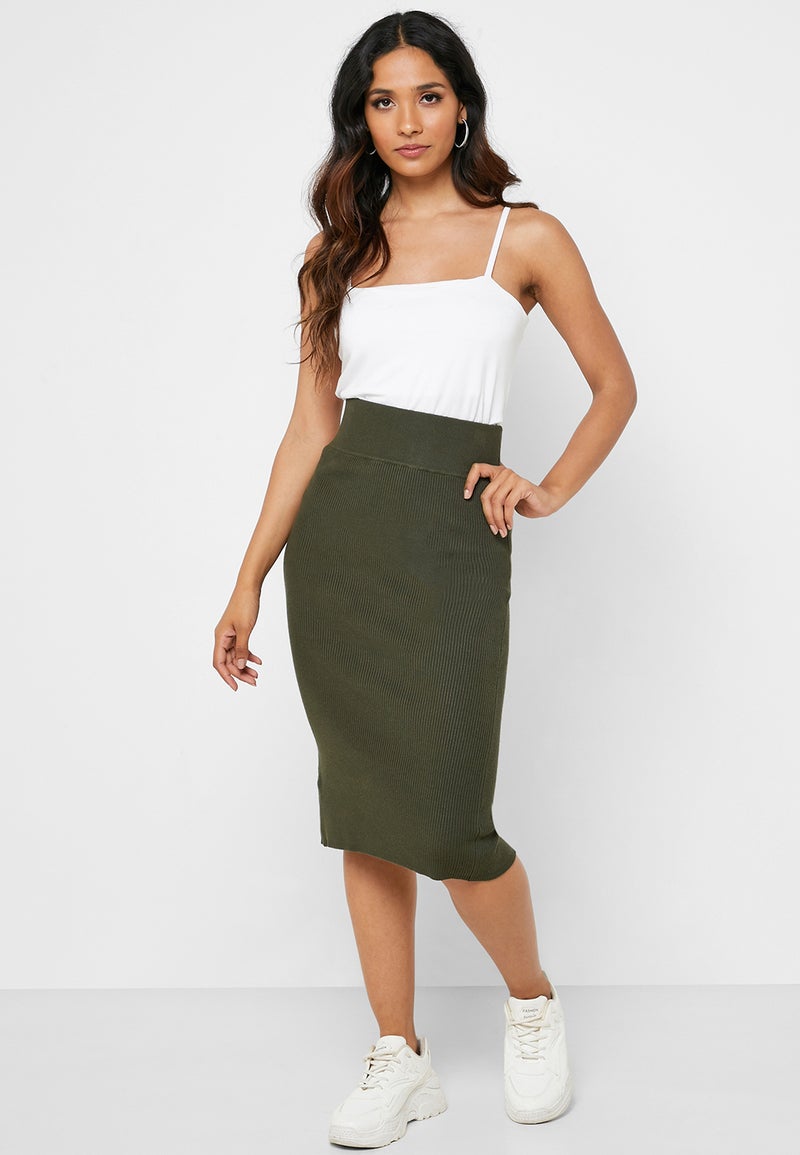 Reserved Ribbed Bodycon Midi Skirt Khaki - Image 1