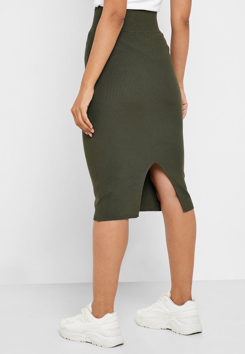 Reserved Ribbed Bodycon Midi Skirt Khaki - Image 2