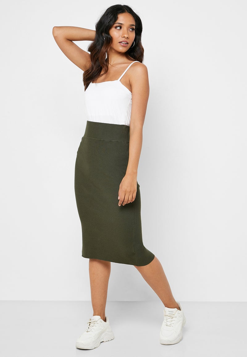 Reserved Ribbed Bodycon Midi Skirt Khaki - Image 4