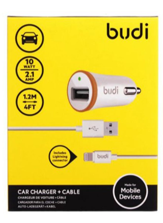 budi - USB Car Charger With Lightning Cable White - Image 1