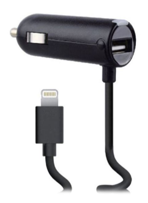 USB Car Charger With Coiled Lightning Cable Black