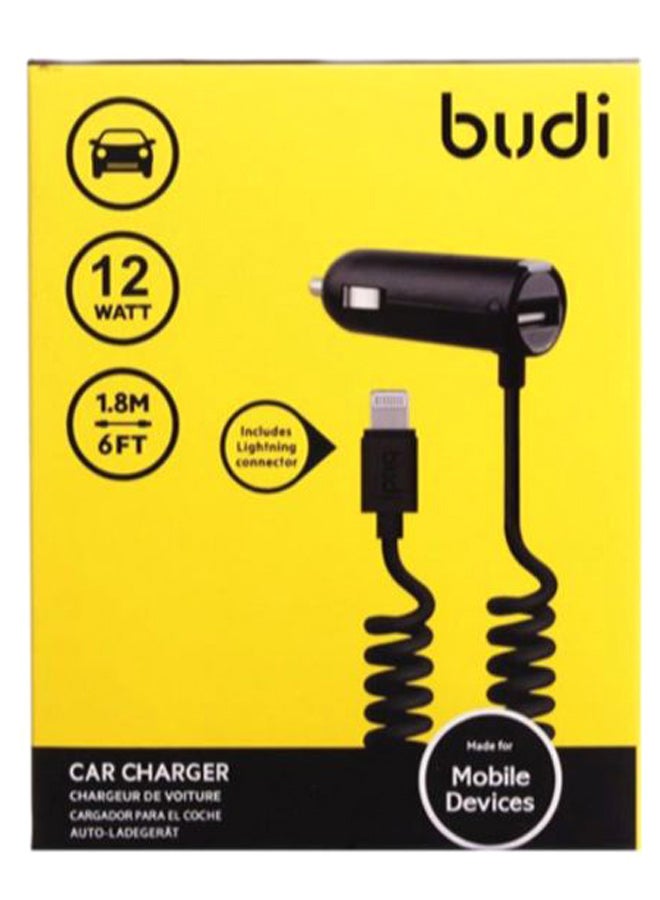 budi - USB Car Charger With Coiled Lightning Cable Black - Image 1