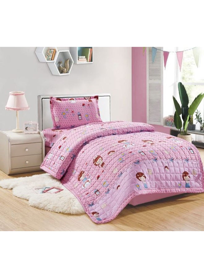 مون طقم غطاء سرير مزين بطبعة من 3 قطع مايكروفايبر وردي