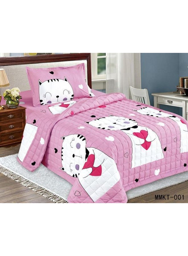 3-Piece Cat Design Compressed Double Side Single Size Comforter Set Microfiber Pink 160 x 210centimeter