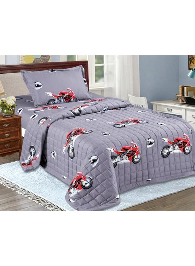 3-Piece Moto Design Compressed Double Side Single Size Comforter Set Microfiber Grey 160 x 210cm