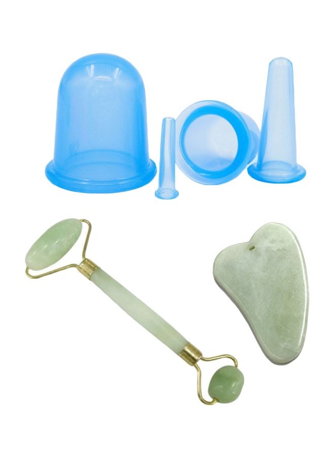 Yafine 3-Piece Jade Roller Massager With Facial Gua Sha Tool And Silicone Cupping Therapy Kit Set Green/Gold/Blue  - Image 1