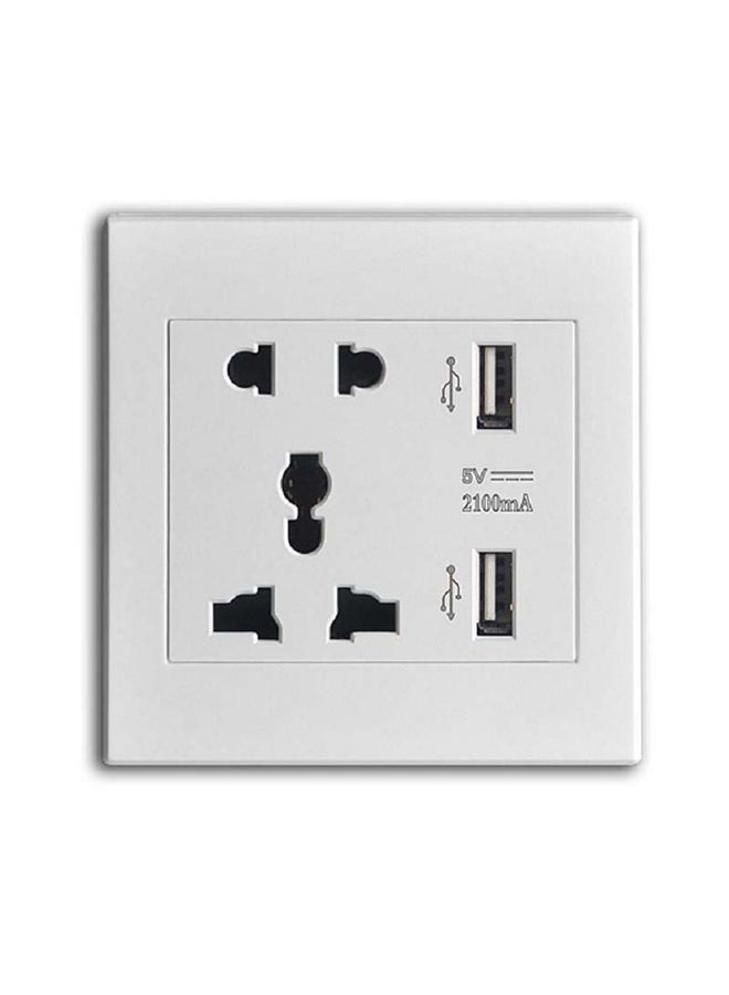 Universal Wall Socket With Dual 5V 2A And 2 USB Port White 8.8x8.8cm  - Image 1