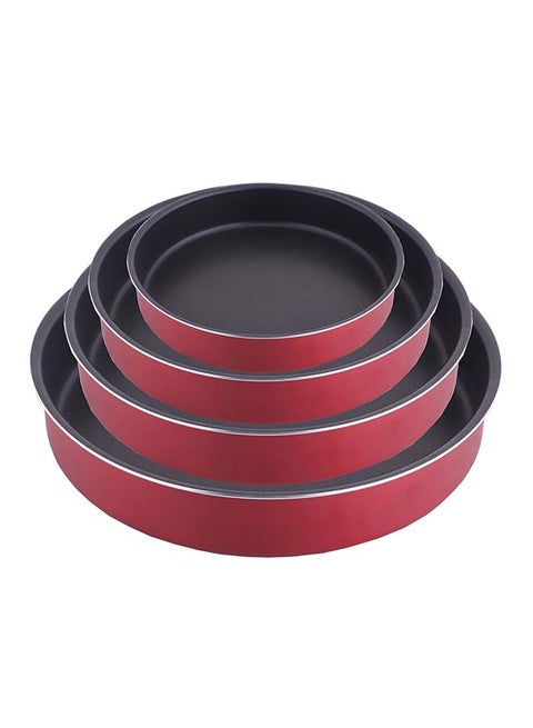 4-Piece Round Pan Set Non Stick Coating Interior Wine Red 24x5cm