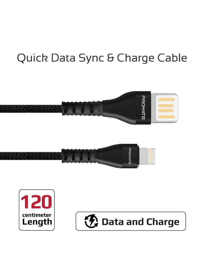 PROMATE - Reversible USB-A to Lightning Cable, High-Speed Fast Charging Syncing 2A Lightning Connector Cable With 1.2m Tangle Free Cord And Long Bend Lifespan For Apple iPhone XS, XS Max, XR, iPad Pro, iPod, VigoRay-I Black - Image 1