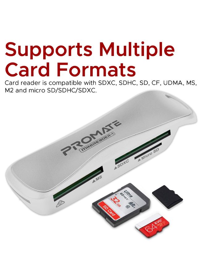 Multimedia Card Reader, Compact USB External Multi Memory Card Reader SDXC, SDHC, SD, MS, Micro SDXC, Micro SDHC, Micro SD with 5Gbps Transfer Speed for, MiniReader-1 White