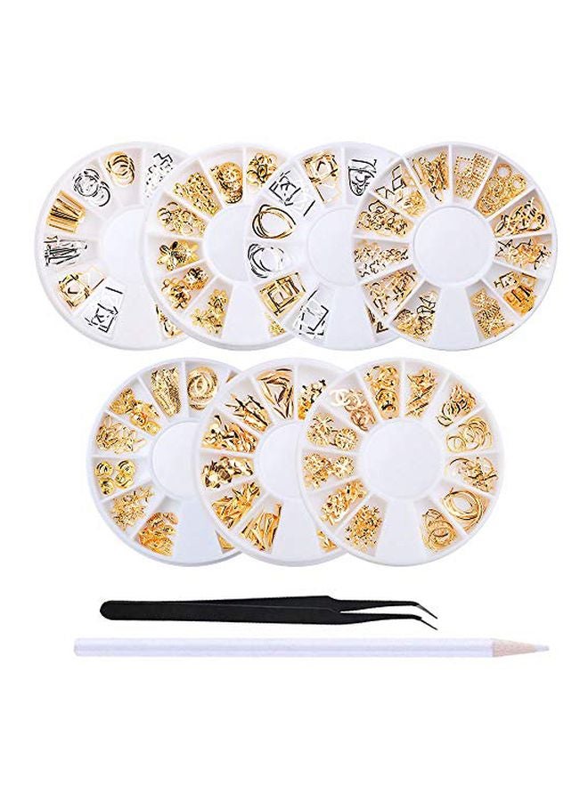 ووكوتو مجموعة حلي لتزيين الأظافر بتصميم ريش وأصداف معدنية ثلاثية الأبعاد يتم تثبيتها بإحكام مع ملاقط وقلم للالتقاط من 7 قطع ذهبي/فضي