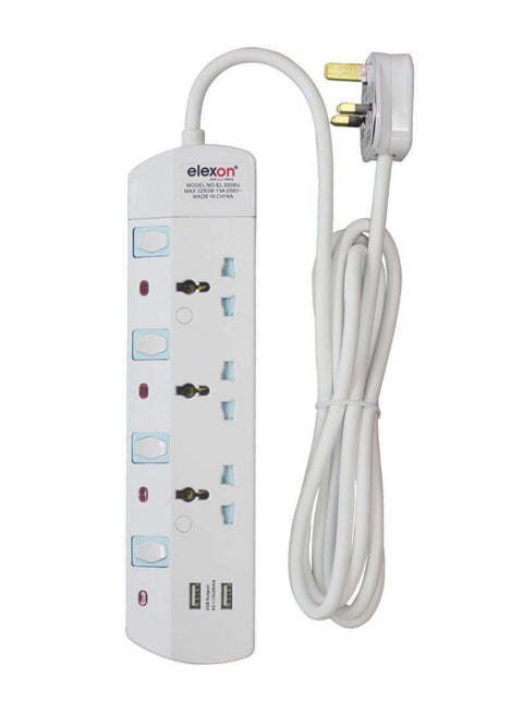 3-In-1 Power Extension Socket And Two USB Port Adapter White