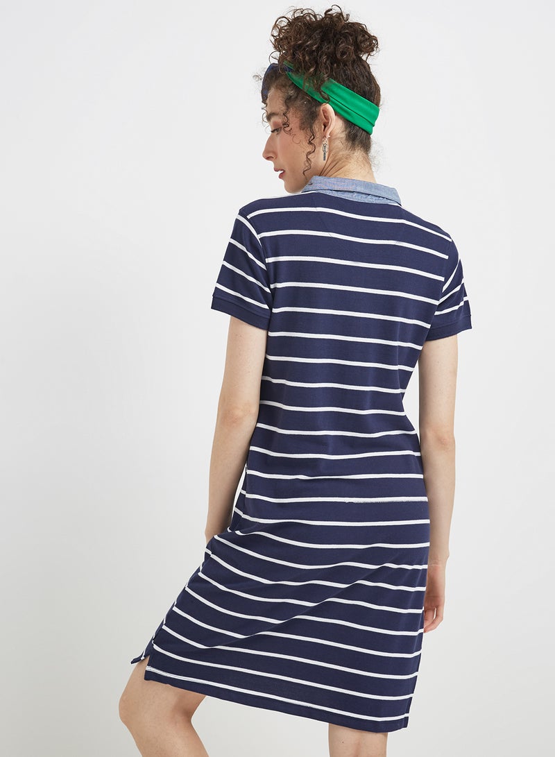 BEVERLY HILLS POLO CLUB - Yarn Dye Stripe Stretch Pique Polo Dress Navy Blue - Image 1